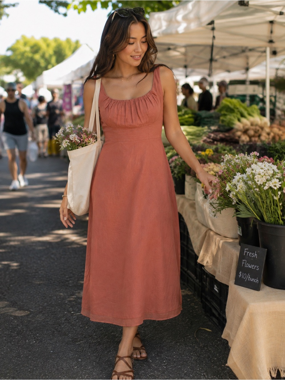 🍃ELIE TAHARI Linen Scoop Neck Midi Dress in Terracotta